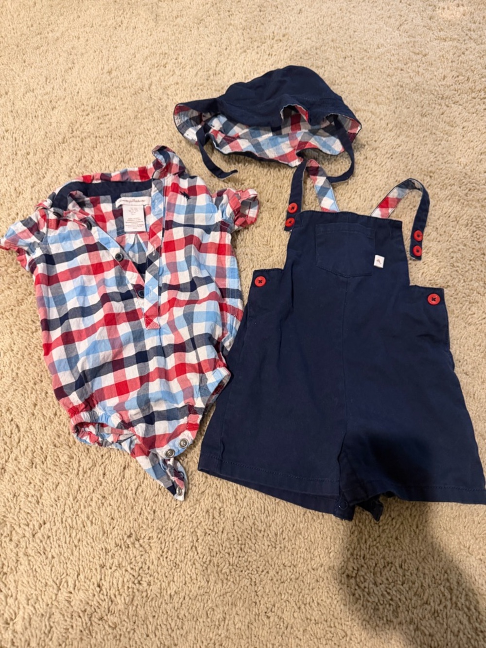 Navy Overalls with Red-Blue Plaid Bodysuit and Bucket Hat - Set